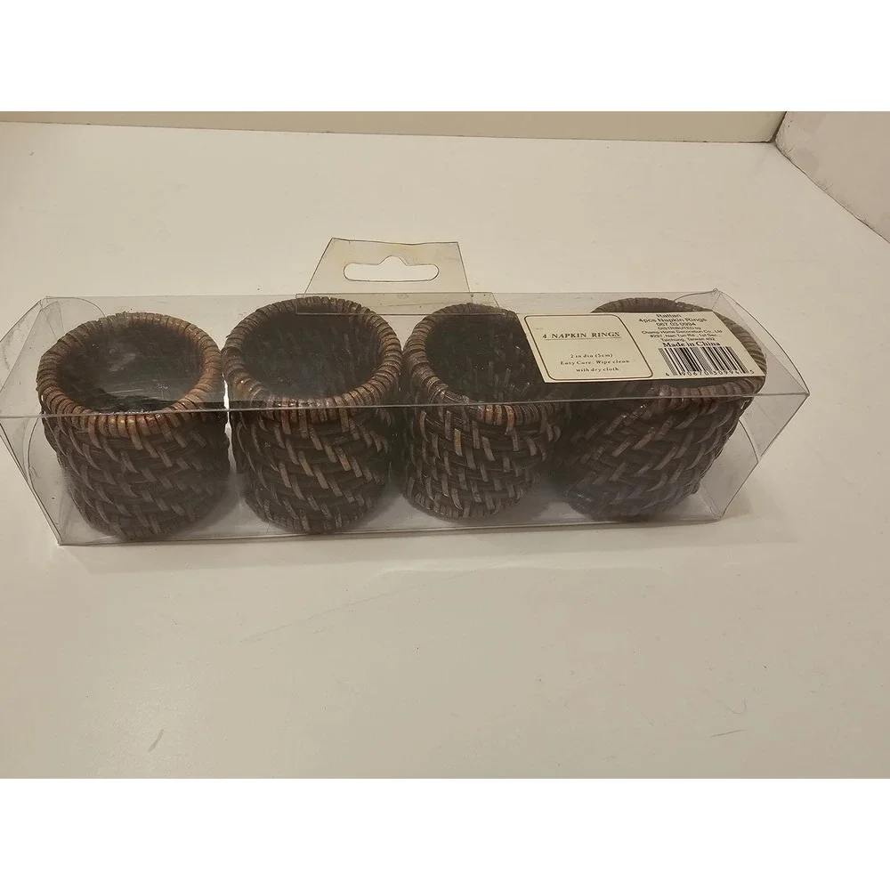 Set of 4 Dark Brown Woven Rattan Napkin Rings Rustic Basketweave Boho Table